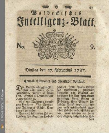 No. 9. Dinstag den 27. Februarius 1787