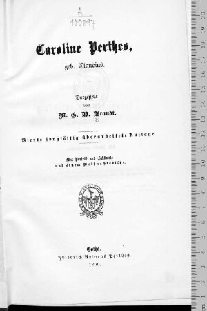 Caroline Perthes, geb. Claudius : mit Portr. u. Faks. u. e. Weihnachtsbilde
