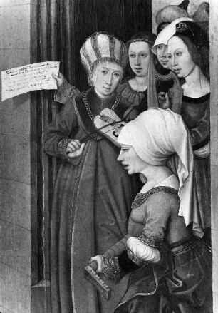 Rückkehr Davids mit dem Haupt des Goliath : Rückkehr Davids mit dem Haupt des Goliath. Tafelmalerei auf Nadelholz; 77 x 45 cm (vor 1500; B. Strigel). Musikantinnen. München, Bayerische Staatsgemäldesammlungen, Alte Pinakothek, Inventar-Nr. HG 1063
