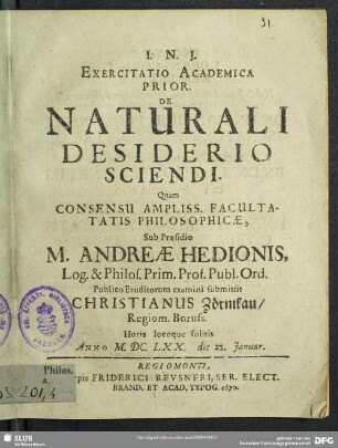 1: Exercitatio Academica Prior De Naturali Desiderio Sciendi