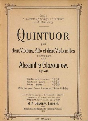 Quintuor : pour 2 violons, alto et 2 violoncelles ; op. 39