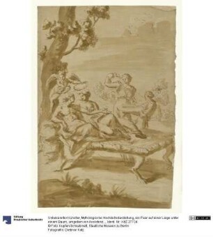 Mythologische Hochzeitsdarstellung, ein Paar auf einer Liege unter einem Baum, umgeben von Assistenzfiguren mit Kränzen