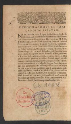 Typographus Lectori Candido Salutem