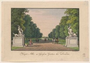Hauptallee im Großen Garten mit den beiden Marmorskulpturen von Antonio Corradini (ursprünglich im Japanischen Palais), Blick stadteinwärts nach Nordwesten