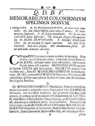 Q. D. B. V. MEMORABILIVM COLONIENSIVM SPECIMEN NONVM