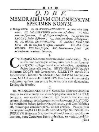 Q. D. B. V. MEMORABILIVM COLONIENSIVM SPECIMEN NONVM