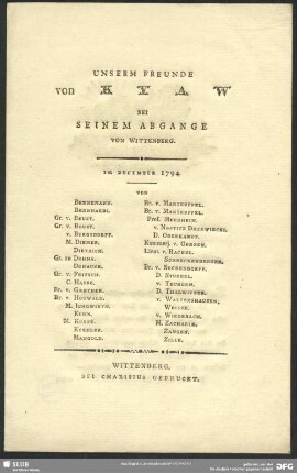 Unserm Freunde von Kyaw Bei Seinem Abgange Von Wittenberg : Im December 1794