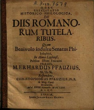 Exercitatio Historico-Philologica, De Diis Romanorum Tutelaribus