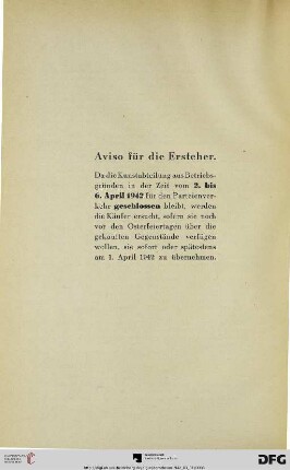 Aviso für die Ersteher