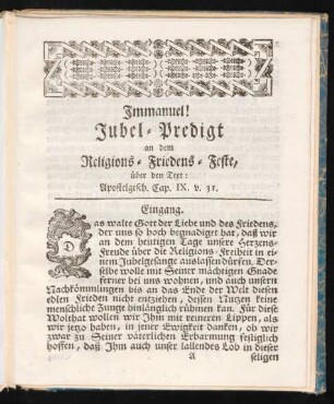 Immanuel! Jubel-Predigt an dem Religions-Friedens-Feste, über den Text: Apostelgesch. Cap. IX. v. 31.