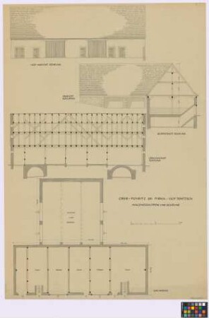 Oberpoyritz bei Pirna ([Dresden]): Jentzsch. - Scheune (Hof-Seiten-Ansicht, Querschnitt, Längsschnitt, Grundriss). - Schuppen (Seiten-Ansicht, Grundriss)