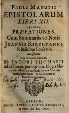 Pauli Manutii Epistolarum Libri XII : Eiusdem Praefationes
