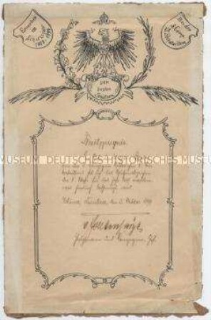Besitzzeugnis des Gefreiten Wilhelm Bauer für das Schützenabzeichen der 2. Klasse für das Jahr 1899