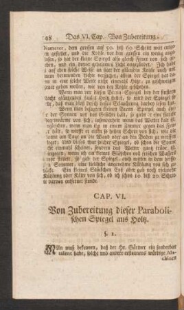Cap. VI. Von Zubereitung dieser Parabolischen Spiegel aus Holtz.