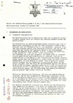 Bericht der Geschäftsführung: Bauausstellung Berlin GmbH Oktober bis Dezember 1984