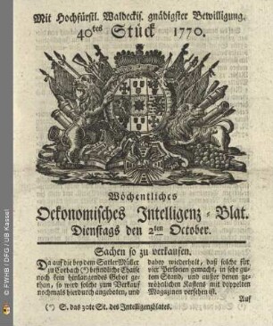 40tes Stueck, Dienstags den 2ten October 1770