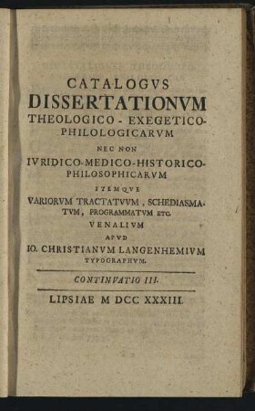 Continuatio III. Lipsiae M DCC XXXIII.