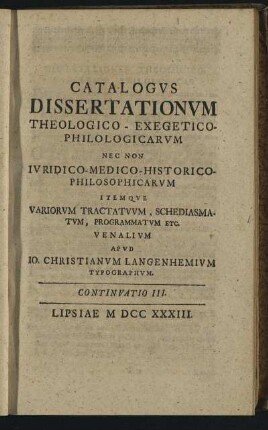 Continuatio III. Lipsiae M DCC XXXIII.