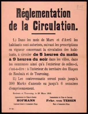 "Réglementation de la Circulation" (Vorschrift über das Reisen innerhalb der Etappen Roubaix und Tourcoing) (No. 211)