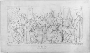 Welthandel im 15. und 16. Jahrhundert : Rietschel, Ernst. Relief für die Aula des Leipziger Augusteums. Welthandel im 15. und 16. Jahrhundert. Bleistift auf hellelfenbeinfarbenem Velin; 27,3 x 46,4 cm. Februar 1836. Privatbesitz (Nachlass des Künstlers). WVZ 254