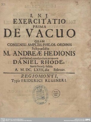 1: Exercitatio ... De Vacuo