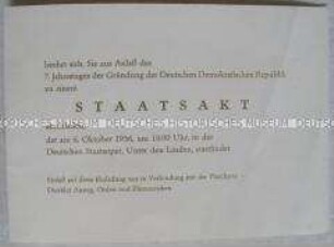 Einladungskarte zum Staatsakt anlässlich des 7. Jahrestages der DDR