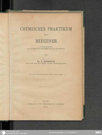 Chemisches Praktikum für Mediziner : zum Gebrauch im chemischen Untersuchungslaboratorium