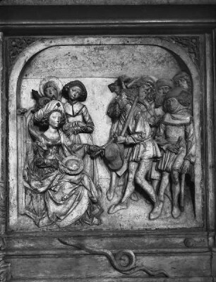 Grabmal für Kaiser Heinrich II. und Kaiserin Kunigunde — Rechtes Relief der nördlichen Längsseite: Kunigunde bezahlt die Dombauarbeiter aus ihrer wunderbaren Kristallschüssel