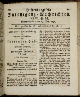 XLVI. Stück. Sonnabends: den 17. Nov. 1792.