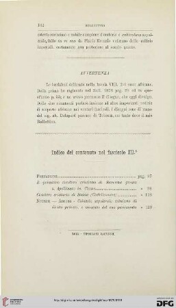 Indice del contenuto nel fascicolo III°