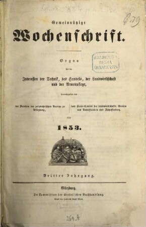 Gemeinnützige Wochenschrift : Organ für Technik, Volkswirthschaft u. Armenpflege. 3. 1853