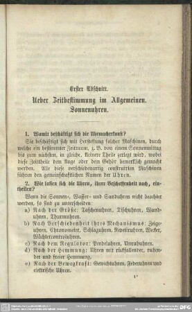 Erster Abschnitt. Ueber Zeitbestimmung im Allgemeinen. Sonnenuhren