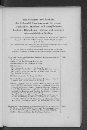 Die Seminare und Institute der Universität Hamburg sowie die wissenschaftlichen Anstalten und angegliederten Institute, Museen und sonstigen wissenschaftlichen Institute