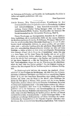 Kraus, Antje :: Die Unterschichten Hamburgs in der ersten Hälfte des 19. Jahrhunderts, Entstehung, Struktur und Lebensverhältnisse, eine historisch-statistische Untersuchung, (Sozialwissenschaftliche Studien, Schriftenreihe des Seminars für Sozialwissenschaften der Universität Hamburg, 9) : Stuttgart, Fischer, 1965