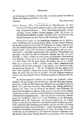 Kraus, Antje :: Die Unterschichten Hamburgs in der ersten Hälfte des 19. Jahrhunderts, Entstehung, Struktur und Lebensverhältnisse, eine historisch-statistische Untersuchung, (Sozialwissenschaftliche Studien, Schriftenreihe des Seminars für Sozialwissenschaften der Universität Hamburg, 9) : Stuttgart, Fischer, 1965