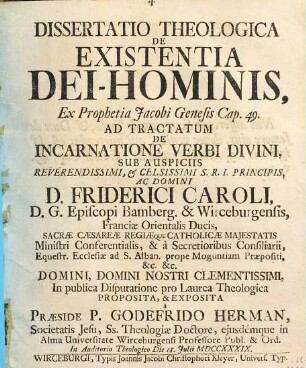 Dissertatio Theologica De Existentia Dei-Hominis, Ex Prophetia Jacobi Genesis Cap. 49 : Ad Tractatum De Incarnatione Verbi Divini