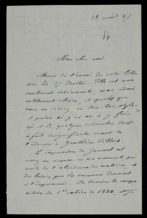 Nr. 6: Brief von Camille Jordan an Felix Klein, Ohne Ort, 28.8.1887