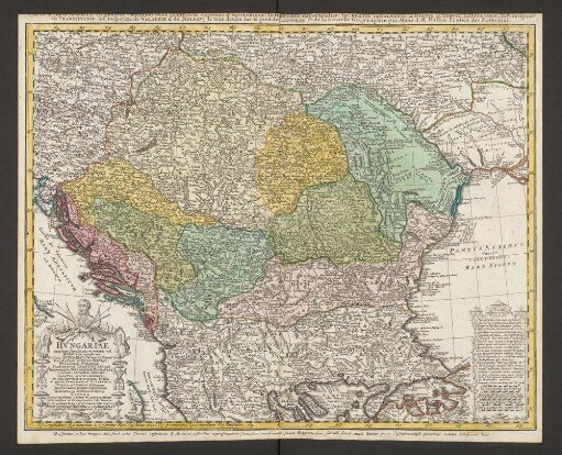 Hungariae ampliori significatu et veteris vel Methodicae complexae Regna: Hungariae Propriae, Croatiae, Dalmatiae, Bosniae, Serviae, Bulgariae, Cumaniae, Principatum: Transsylvaniae, Despotatus: Walachiae, Moldaviae, (exclusis ab eadem alienatis Galitia et Ludomiriria), in suas Provincias ac partes divisae et quo ad Imperantes ex Austriacis, Turcis et Venetis distinctae (iuncta tamen propter commoditatem Romania vel Romelia Turcica) Tabula
