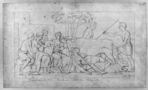Vorgeschichtliche Zeit : Rietschel, Ernst. Relief für die Aula des Leipziger Augusteums. Vorgeschichtliche Zeit. Bleistift auf hellelfenbeinfarbenem Velin; 26,9 x 45,4 cm. Januar 1836. Privatbesitz (Nachlass des Künstlers). WVZ 247 r