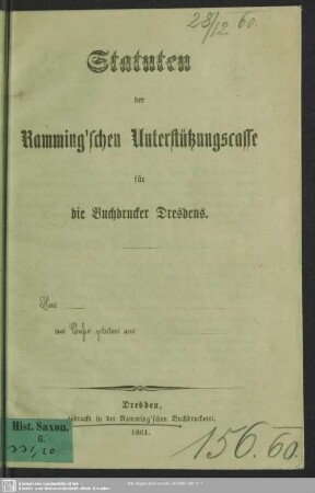 Statuten der Ramming'schen Unterstützungscasse für die Buchdrucker Dresdens