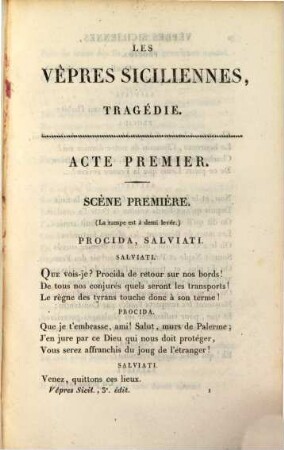 Les Vêpres Siciliennes : tragédie en cinq actes précédée du discours d'ouverture du Second Theatre Français