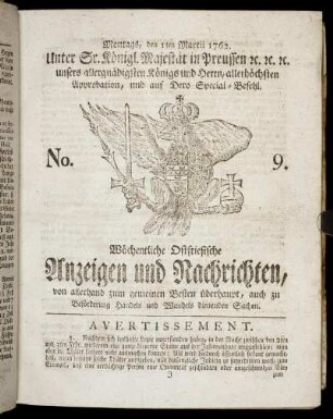 No. 9. Montags, den 1ten Martii 1762.