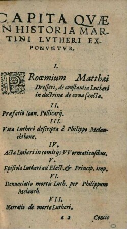 Martini Lutheri historia : Cuius capita memorabilia sequente pagina nominatim recensentur