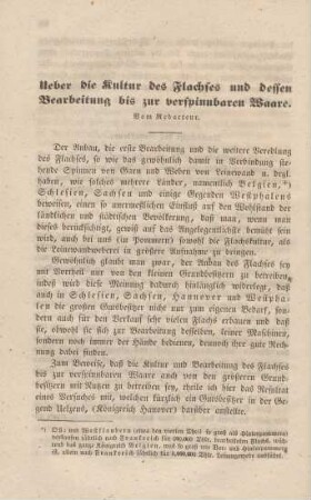 Ueber die Kultur des Flachses und dessen Bearbeitung bis zur verspinnbaren Waare.