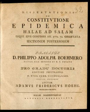 Dissertationis De Constitvtione Epidemica Halae Ad Salam Inqve Eivs Confiniis An. 1771. 72. Observata Sectionem Posteriorem