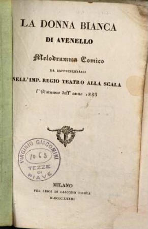 La donna bianca di Avenello : Melodramma comico