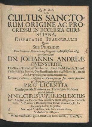 De Cultus Sanctorum Origine Ac Progressu In Ecclesia Christiana, Disputatio Inauguralis