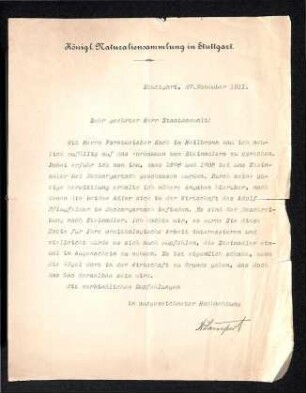 Brief von Lampert (Königliche Naturaliensammlung Stuttgart)