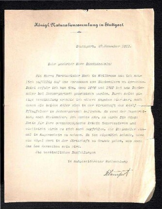Brief von Lampert (Königliche Naturaliensammlung Stuttgart)