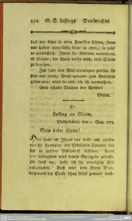 80. Lessing an Gleim. Wolfenbüttel, den 7. May 1779